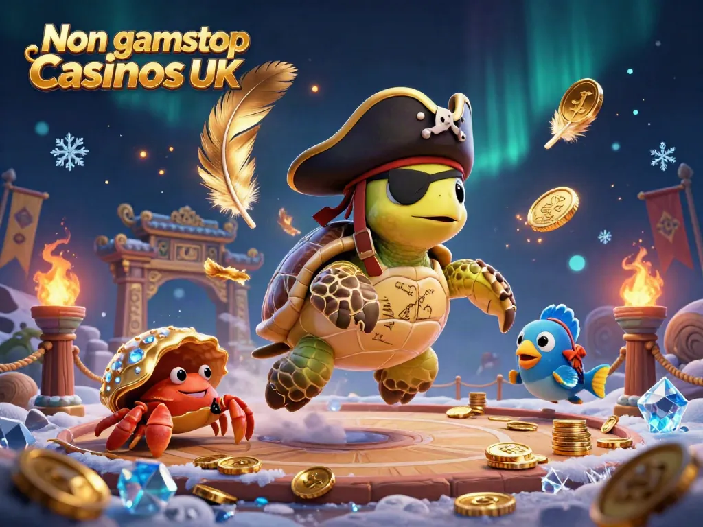Engage with Non gamstop casinos UK through a vibrant illustration depicting a pirate turtle, crab, and parrotfish amidst treasure and gaming elements.