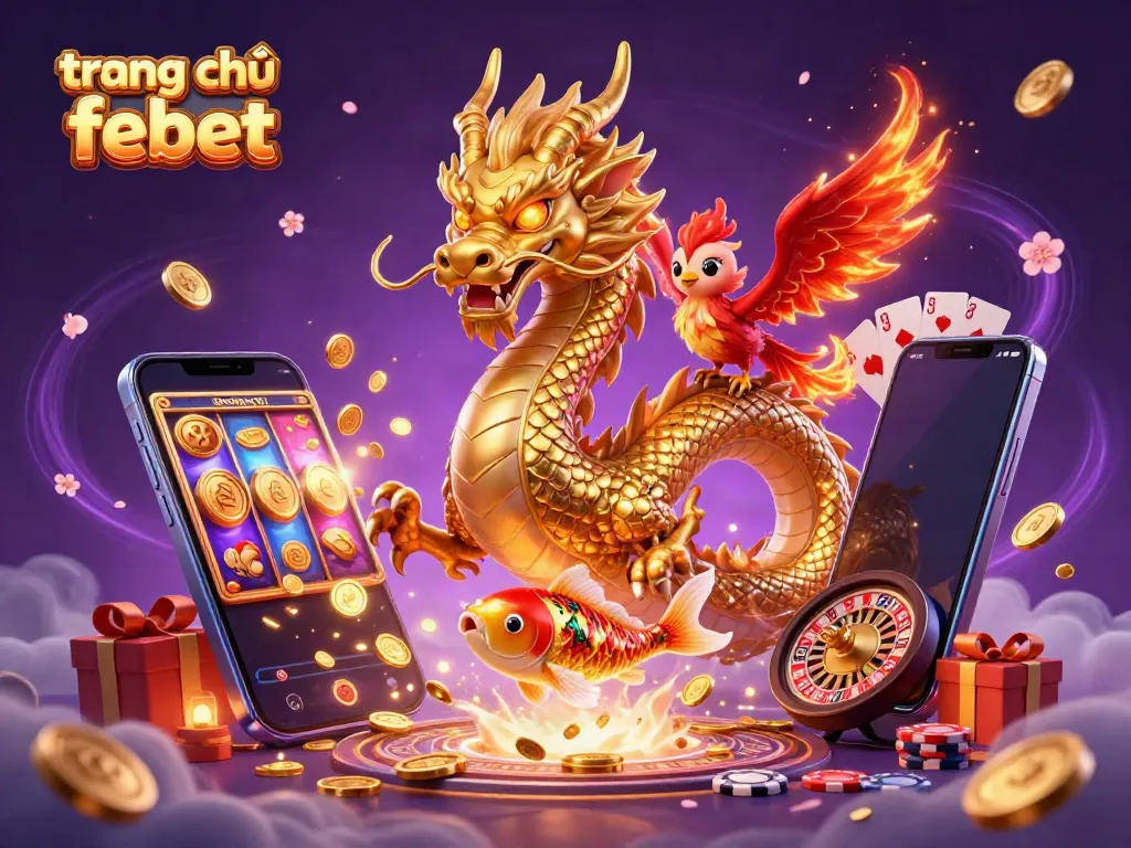 Experience the vibrant gaming world of trang chủ febet, featuring a powerful dragon, phoenix, and koi amidst dynamic casino elements.