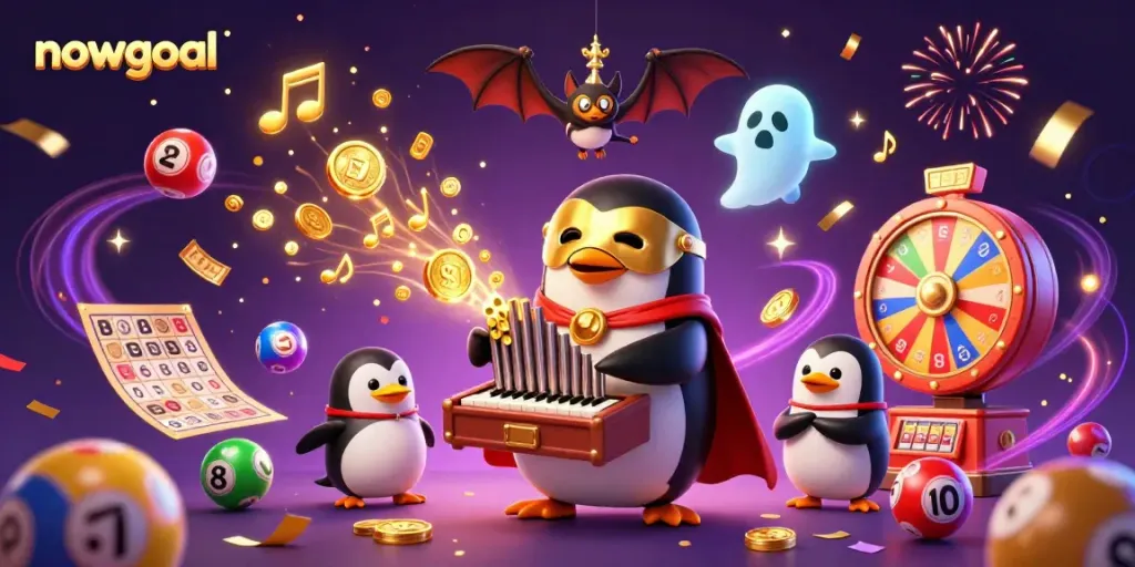 Experience the thrill of nowgoal with a whimsical penguin playing a golden organ amidst a cascade of lottery excitement.