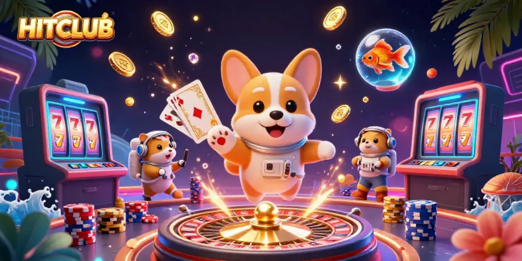Experience thrilling casino action in HITCLUB with astronauts, coins, and vibrant game elements.