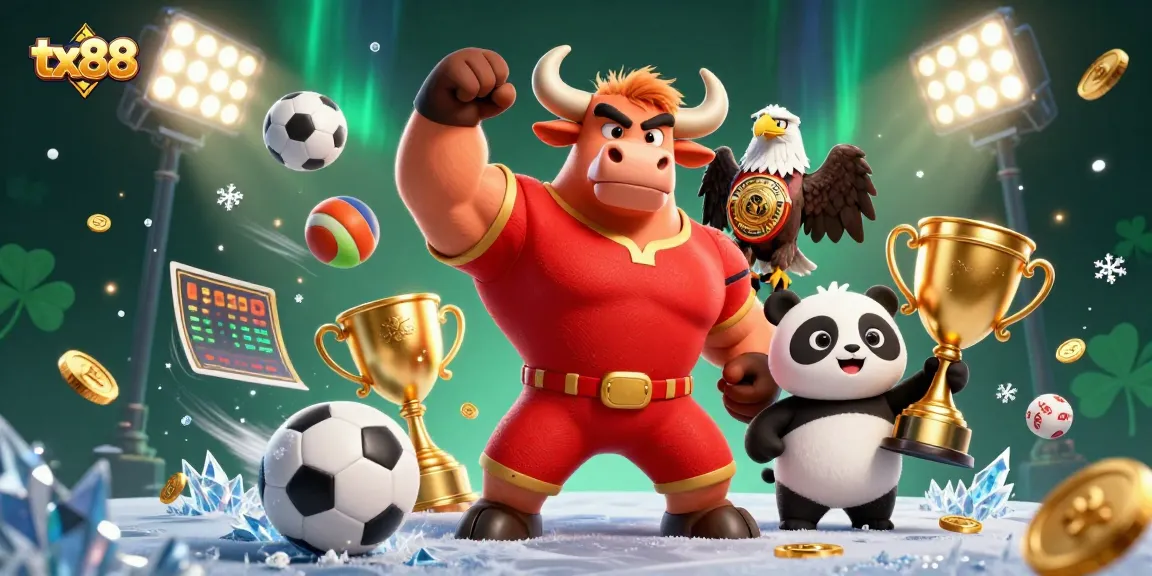 Join the thrill of betting with tx88 as our bull mascot celebrates a victory, surrounded by dynamic sports elements.