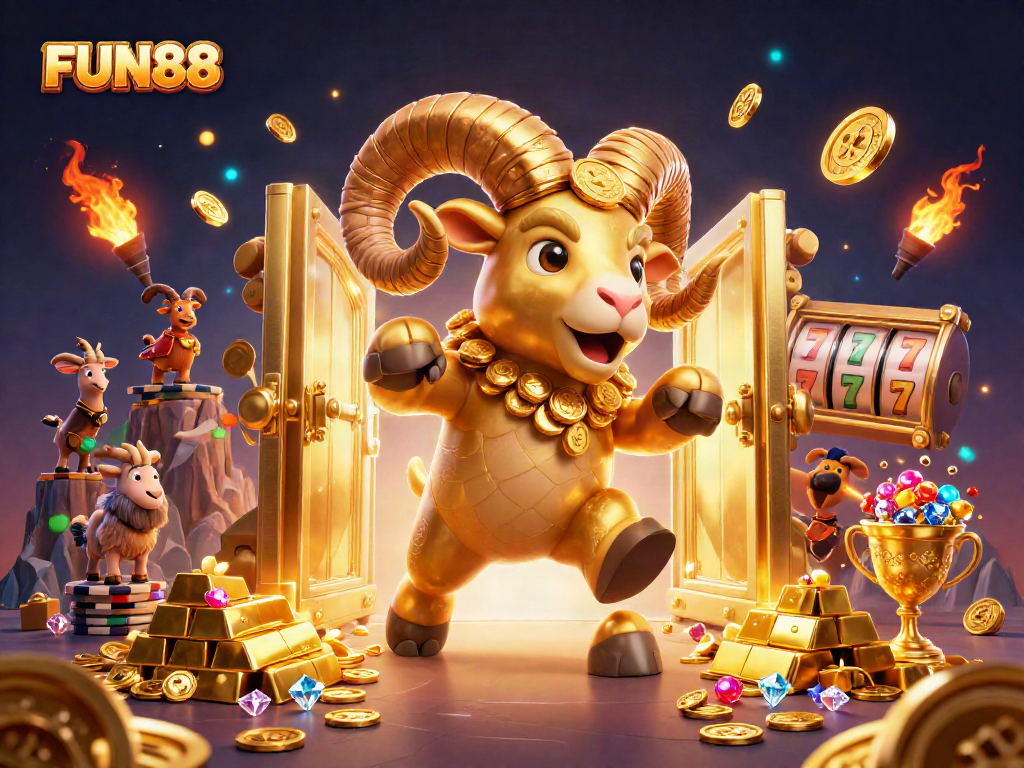 Engage with FUN88's thrilling gaming experience featuring a dynamic golden ram amidst vibrant casino symbols.