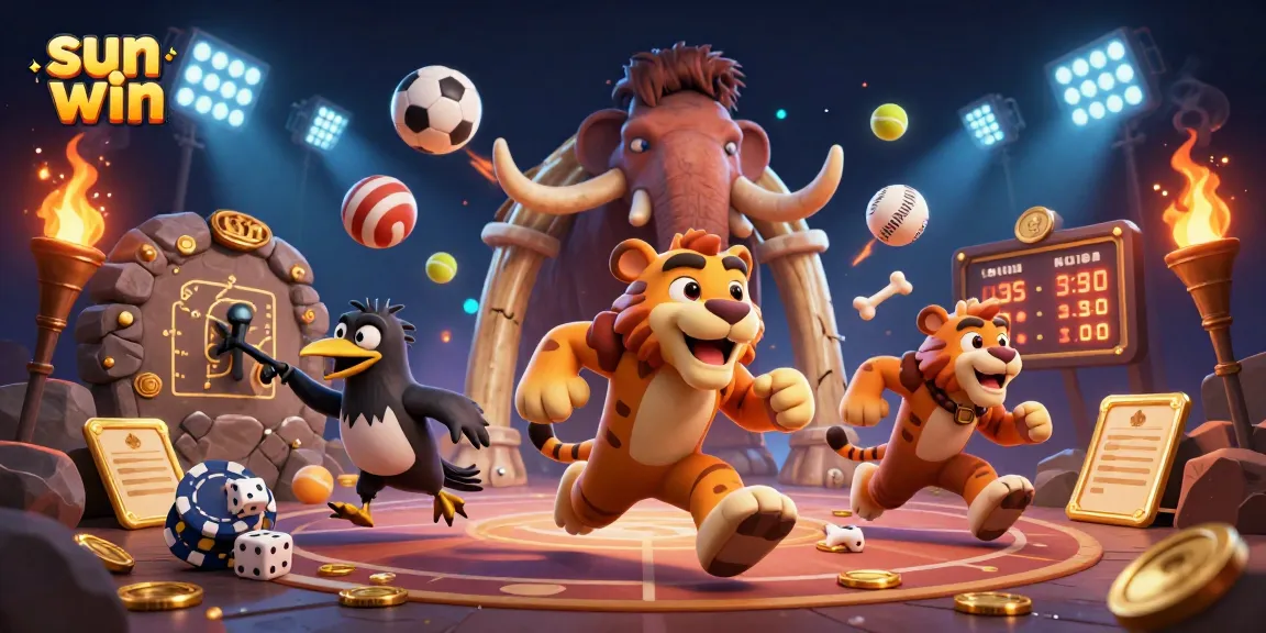 Experience thrilling gaming at sun win with a vibrant 3D prehistoric casino scene featuring iconic characters.