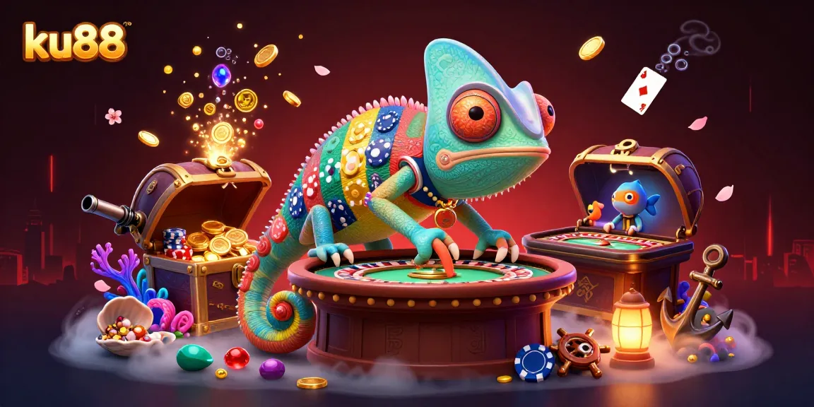 ku88 showcases an exciting casino scene with a chameleon owner and floating cards, enhancing your gaming experience.