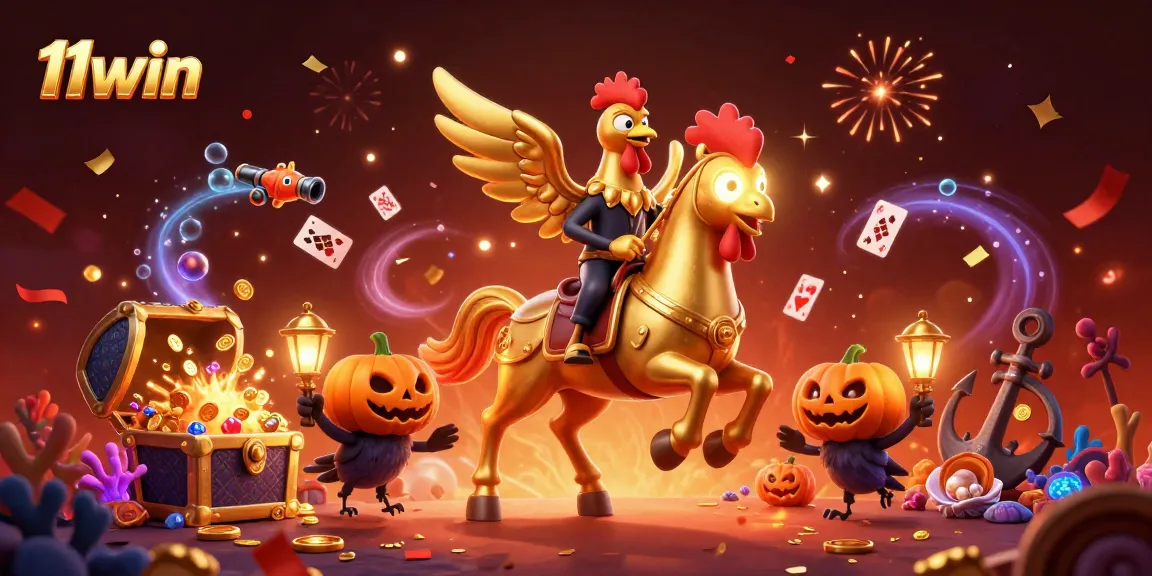 Experience 11win’s vibrant casino world with a golden rooster and lantern-carrying companions.