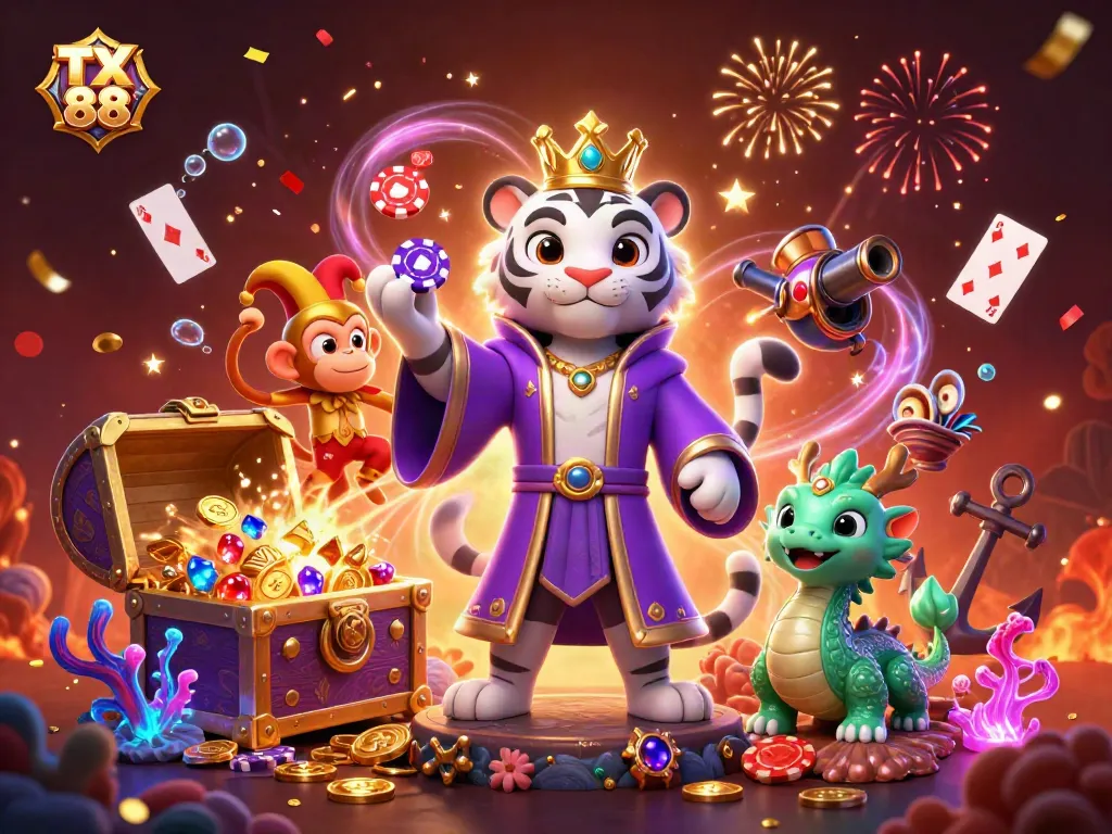 Experience the excitement of TX 88 with a vibrant casino-themed 3D illustration featuring animated characters.