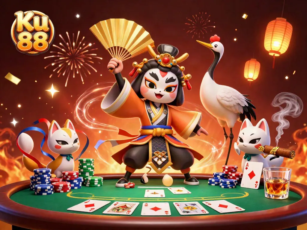 Ku 88 illustrates an atmospheric poker scene with kabuki warriors, chips, and festive decorations.