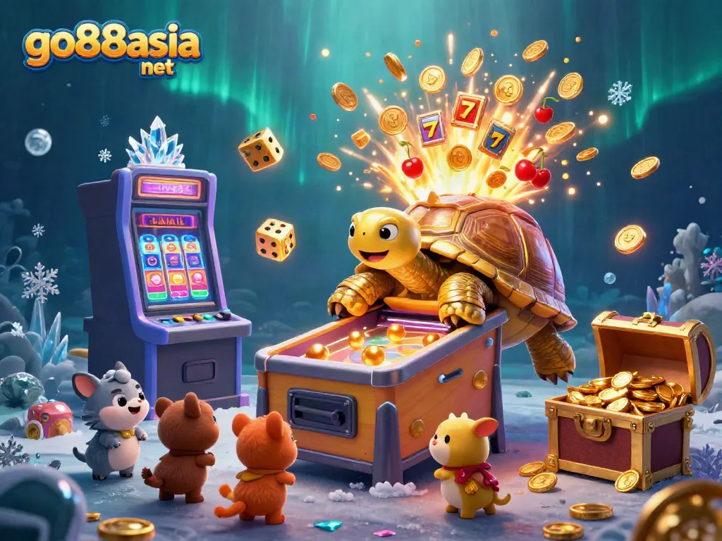 Experience the excitement of go88asia net with a vibrant casino scene featuring a golden tortoise pinball machine amidst slot jackpots and playful characters.