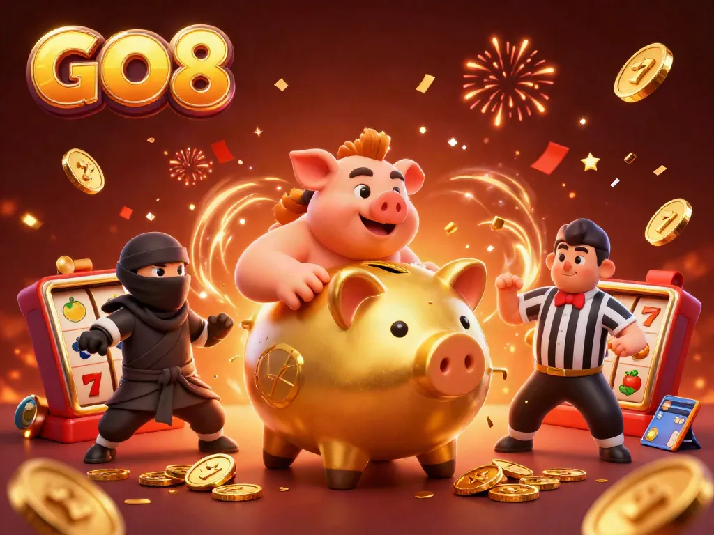 GO8 promotional illustration depicting a golden piggy bank sumo wrestler amidst colorful slot game elements, celebrating wins.
