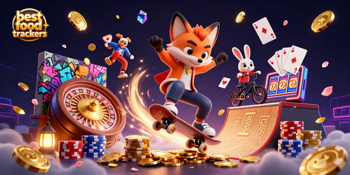 Experience the excitement of best food trackers with a vibrant 3D casino scene featuring animated characters and casino elements.