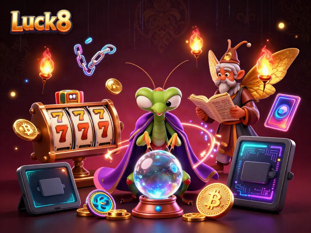 Luck8 features a 3D cartoon praying mantis fortune teller and moth librarian surrounded by vibrant casino elements.
