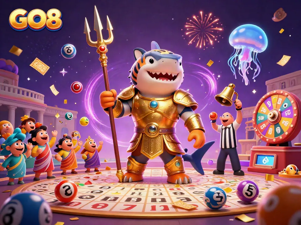 GO8 lottery game scene with an armored shark, colorful balls, and exciting casino elements.