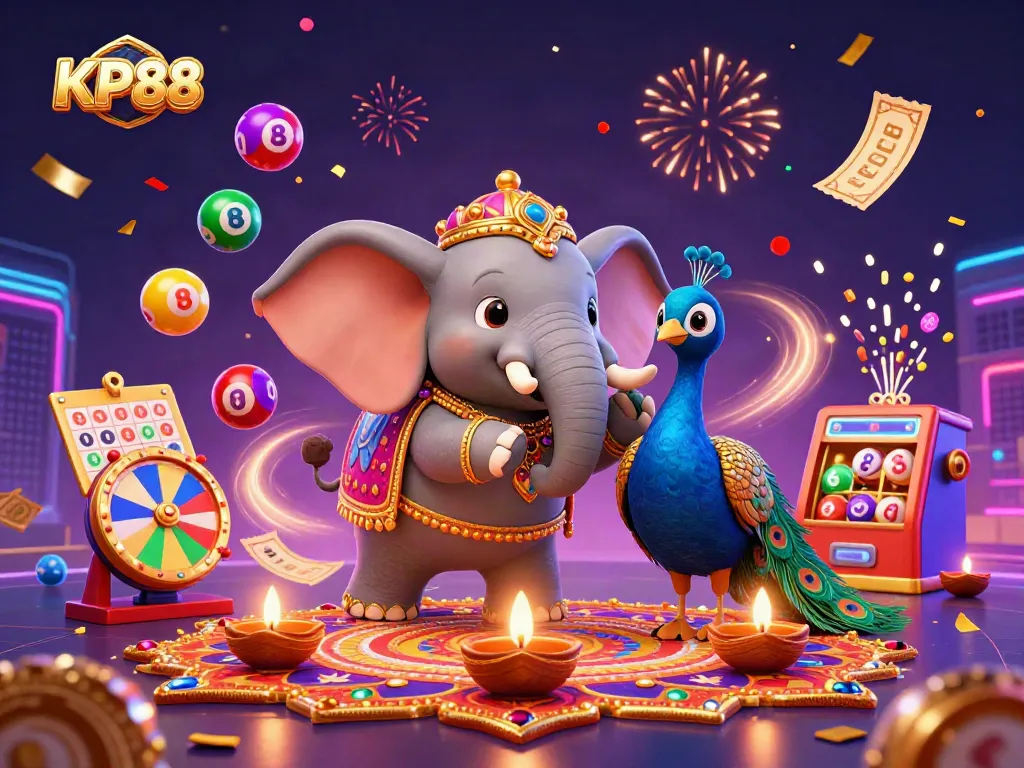 Engage with KP88 – a vibrant illustration featuring a Diwali elephant, peacock, and colorful lottery elements.