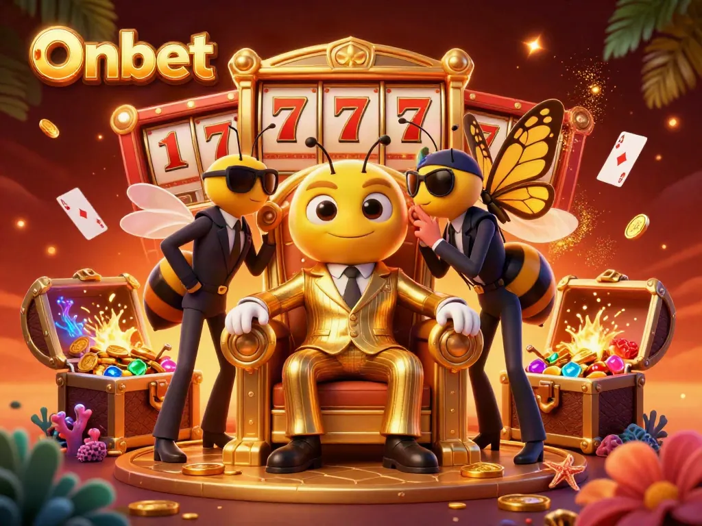 Onbet casino scene with a 3D mob boss, gem-filled treasure, and vibrant gaming elements.