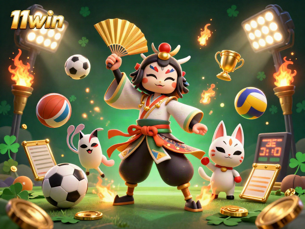 Experience thrilling action with 11WIN featuring a kabuki warrior and sports elements in enchanting 3D