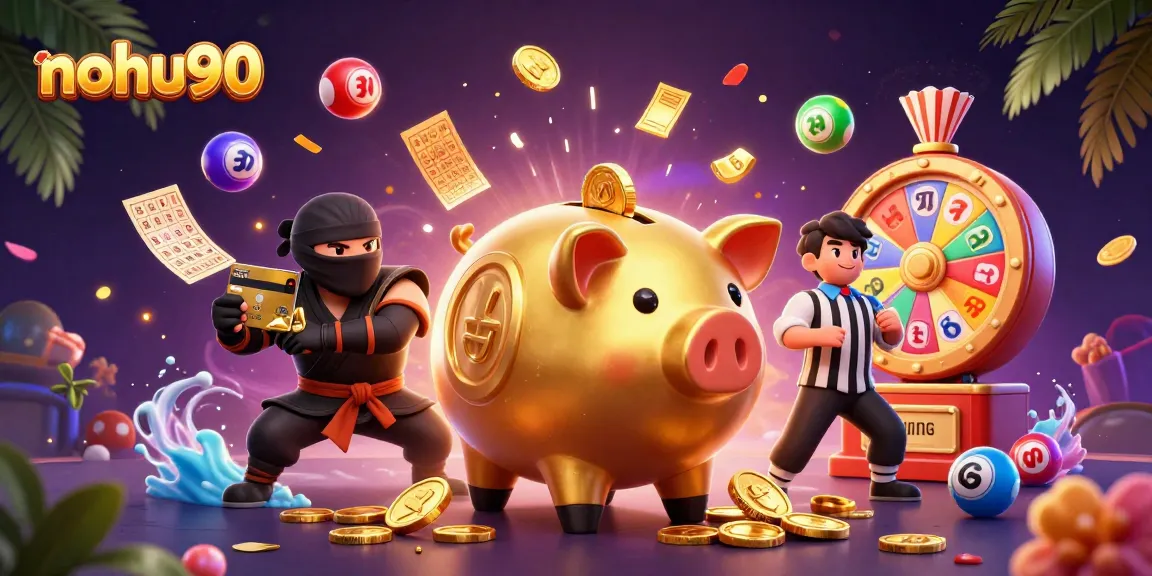 Engage with nohu90's thrilling online casino experience featuring a lively jackpot scene with dynamic characters.