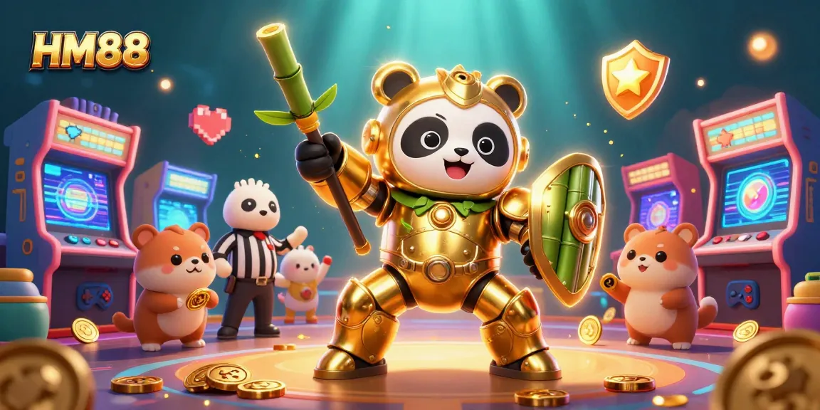 Experience thrilling action at HM88 with a golden panda piloting a bamboo robot amidst casino games.