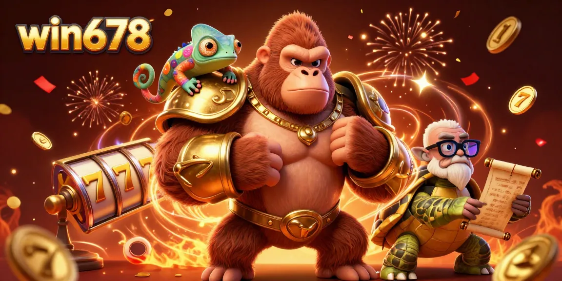 Experience the excitement at win678 with a dynamic scene of a gorilla, chameleon, and tortoise celebrating gaming success.