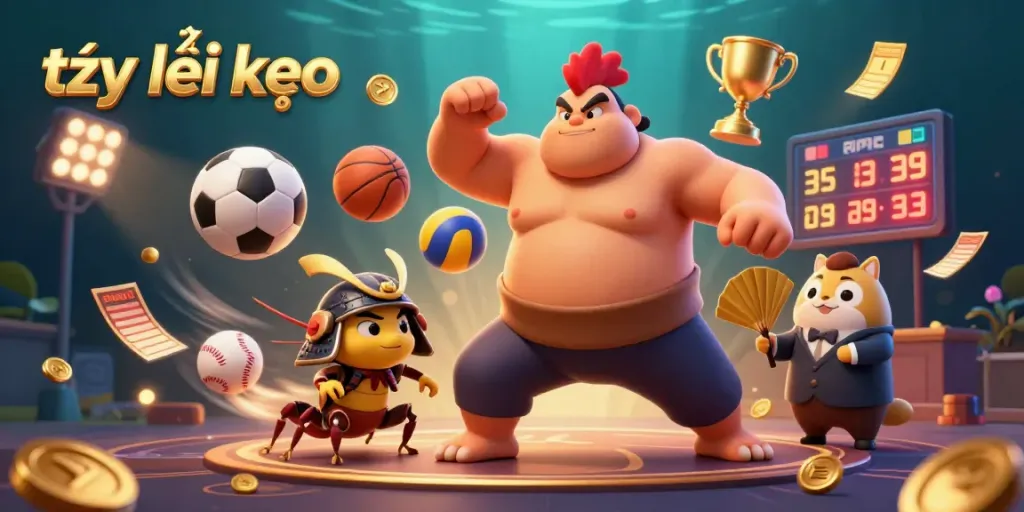 Engage with tỷ lệ kèo on this vibrant sports betting illustration featuring dynamic characters and elements.