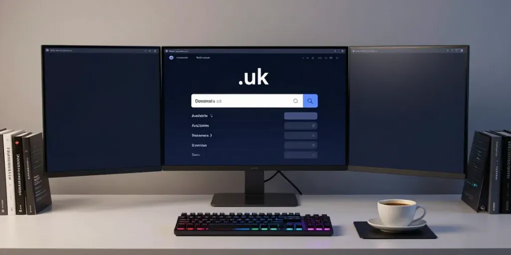 .uk domain search interface showcased on a developer's monitor in a sleek tech workspace.