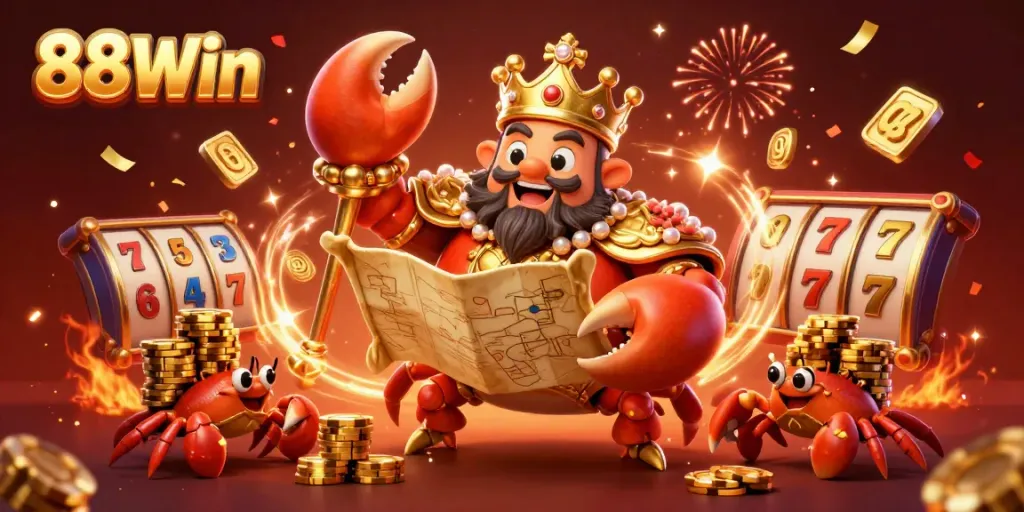 Experience the vibrant gaming world of 88Win featuring a golden crab emperor amidst slot reels.