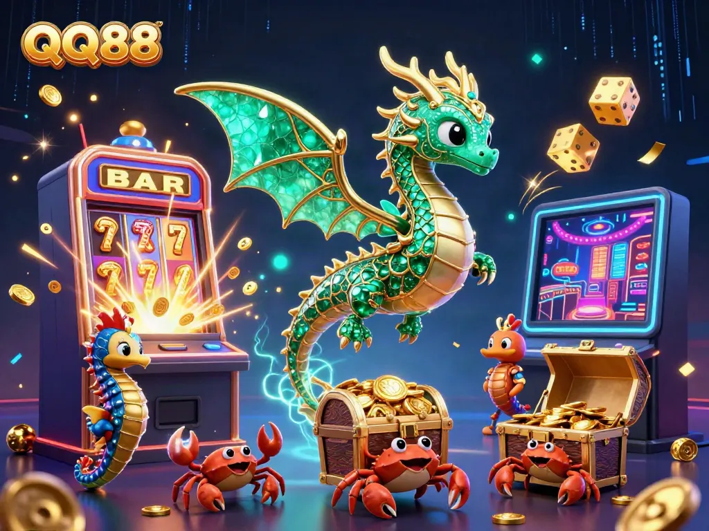 Experience the excitement of QQ88 with a vibrant 3D scene of jackpot action and engaging casino elements.