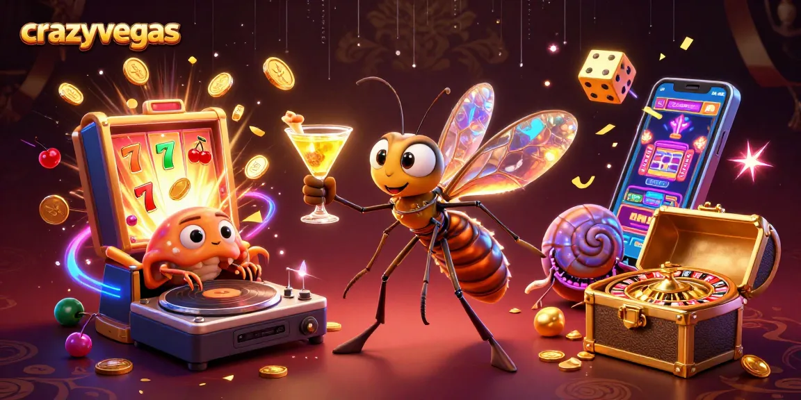 Crazyvegas showcases a 3D cartoon scene of a frozen-in-amber mosquito as a casino mascot with vibrant slots and roulette.