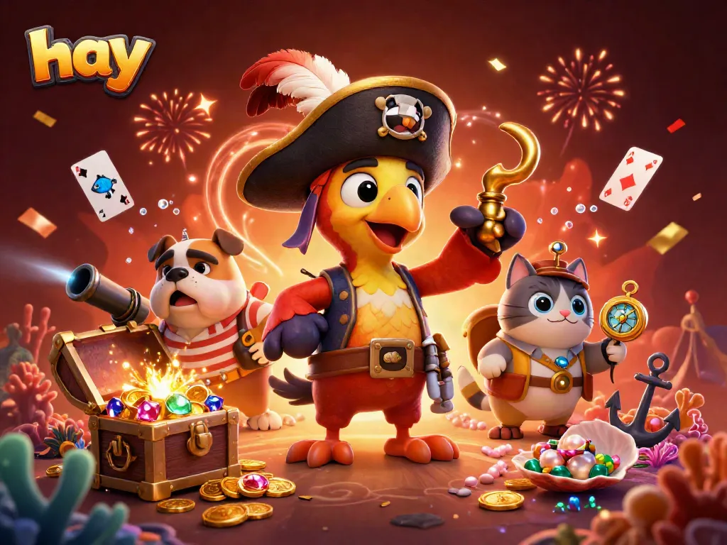 Win big with hay in an engaging 3D cartoon pirate-themed casino adventure scene.