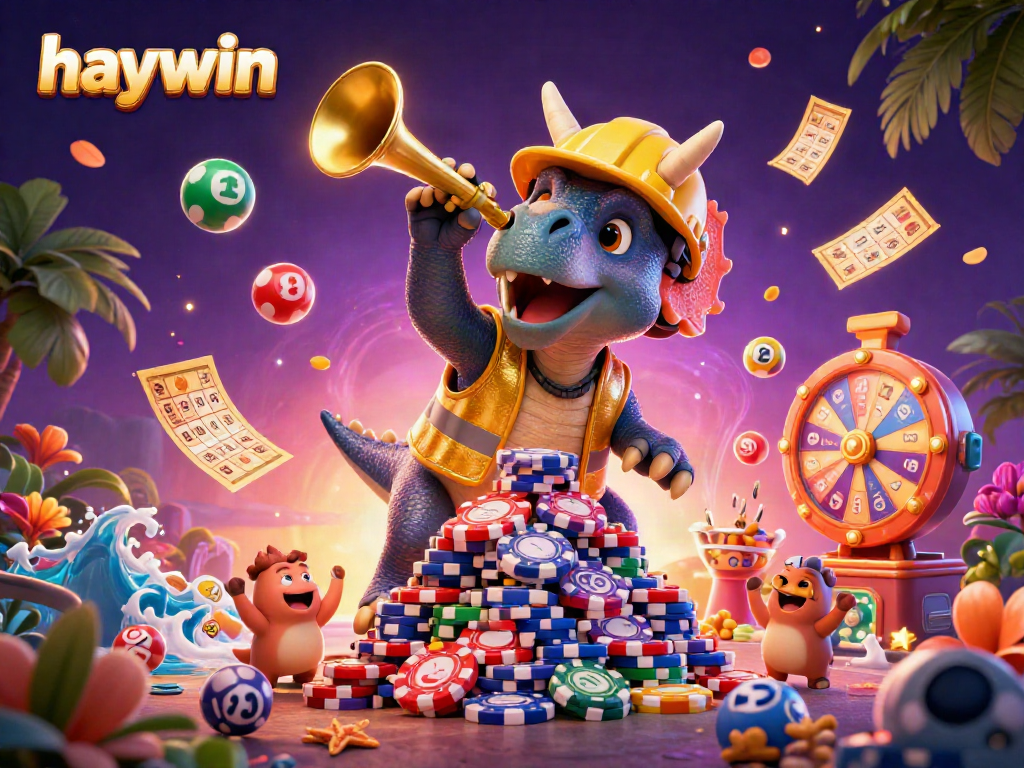 Join the celebration at haywin with a triceratops and parasaurolophus surrounded by lottery balls and bingo cards.
