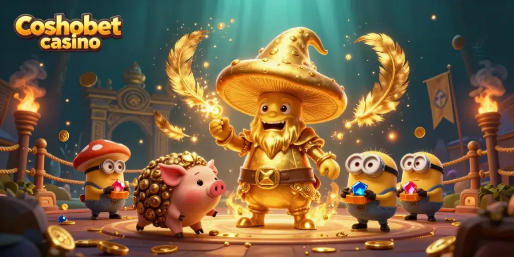 Experience the thrill of cosmobet casino with a golden mushroom wizard and magical treasures.