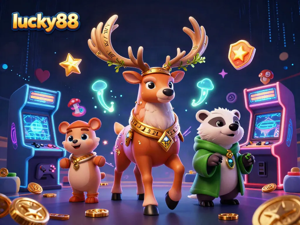 Spin the reels with lucky88 in a vibrant casino scene featuring colorful game machines and mystical characters.