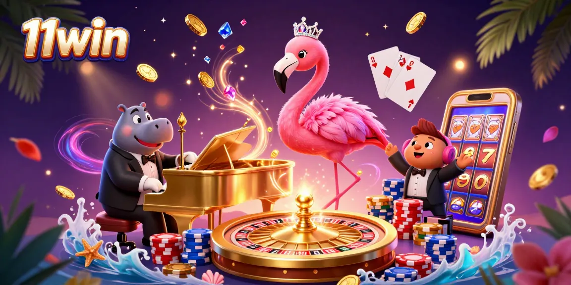 Engage with 11win at a vibrant casino scene featuring a flamingo singer and poker chips.