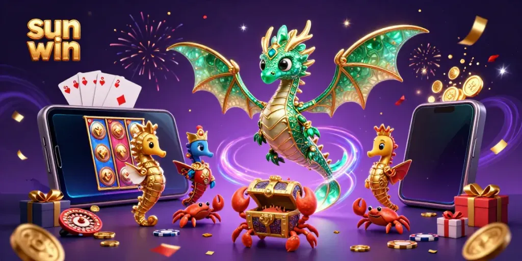 Engage in a vibrant sun win gaming experience featuring a sea dragon, treasure chest, and dynamic casino elements.
