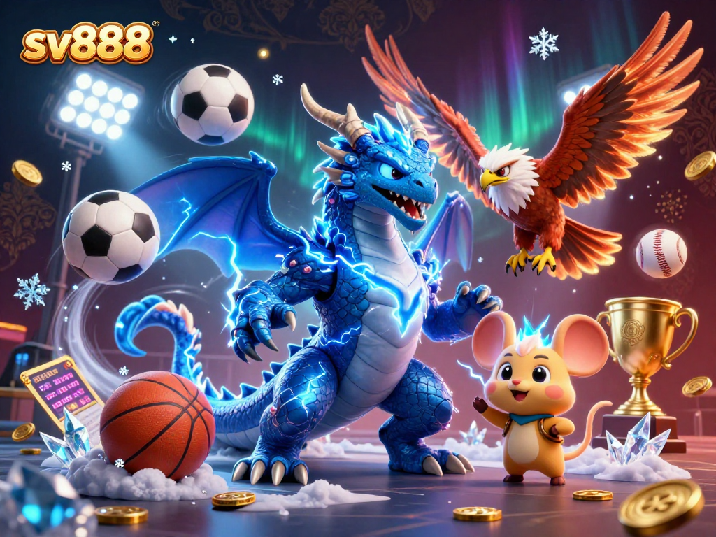 Experience thrilling action with sv888 in a dynamic 3D casino illustration packed with sports betting excitement.