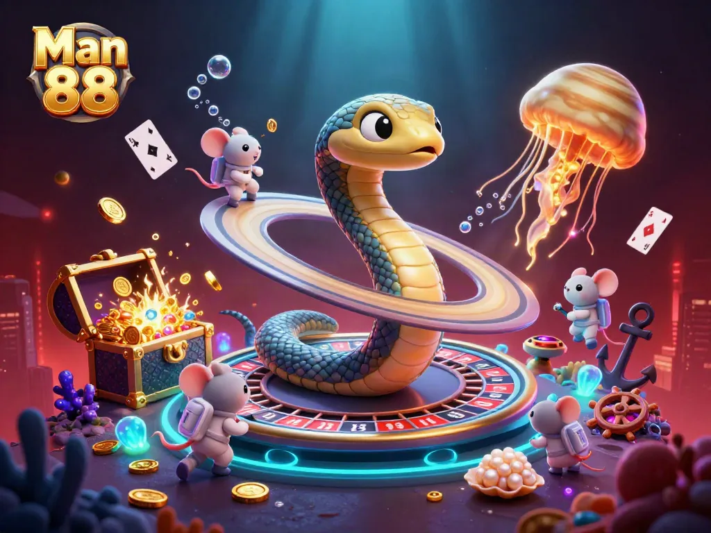 Engage with the Man 88 platform as tiny astronaut mice place bets on a cosmic roulette wheel decorated with vibrant casino elements.