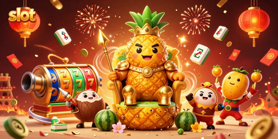 Play exciting slot games at a vibrant beach casino featuring a golden tropical king and lively characters.