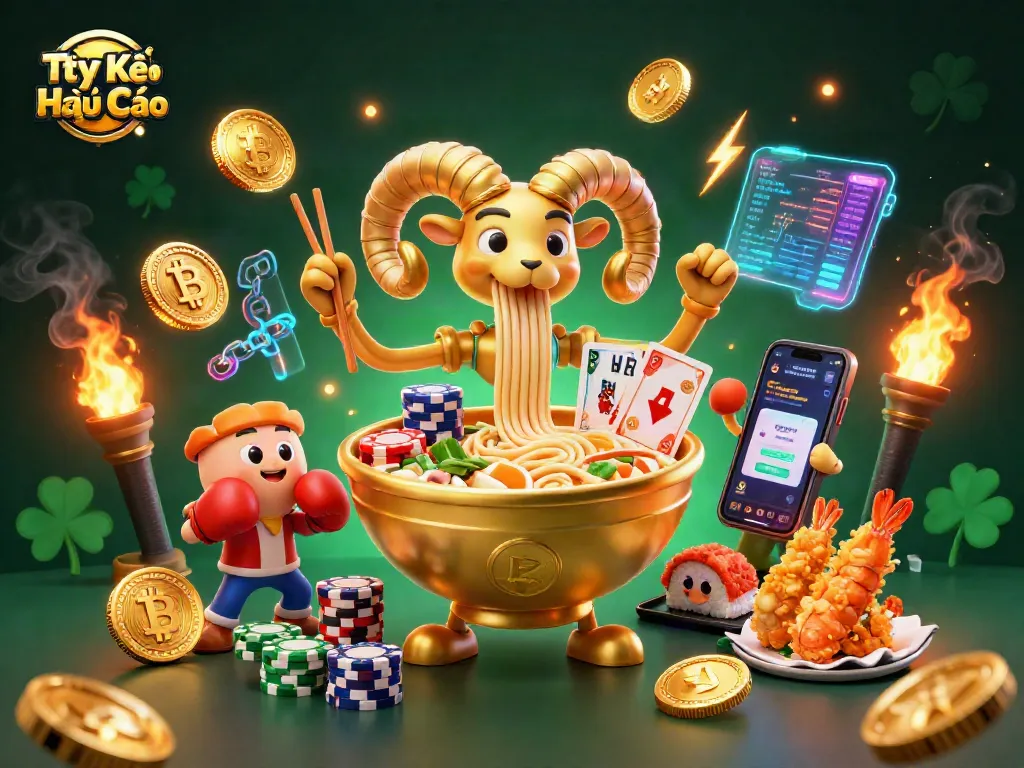 Engaging illustration of Tỷ lệ Kèo Nhà Cái with a giant ramen bowl and characters celebrating betting wins.