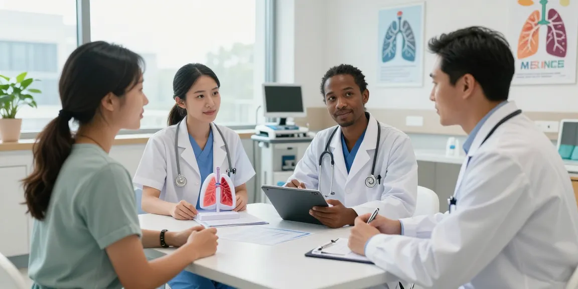 Lung transplant program consultation in a modern hospital setting with medical team assisting a patient.