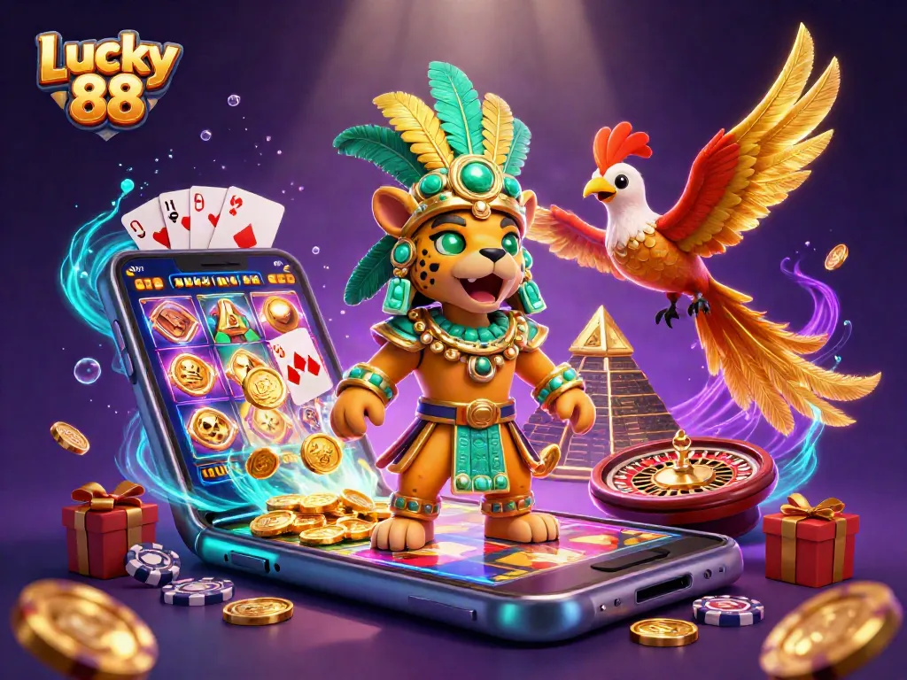 Experience the excitement of Lucky 88 with a vibrant 3D casino illustration featuring dynamic gaming elements.