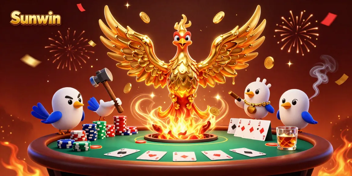 Enjoy thrilling casino gameplay at Sunwin with our enticing poker table and golden phoenix in action.