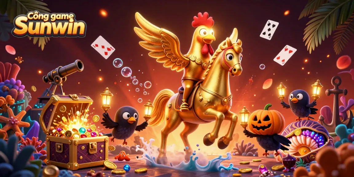 Cổng game Sunwin showcases a vibrant 3D casino scene filled with treasures and excited characters.