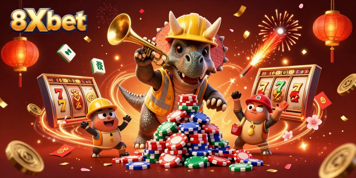 Experience vibrant gaming with 8Xbet’s exciting slot reels amidst a joyful celebration scene.