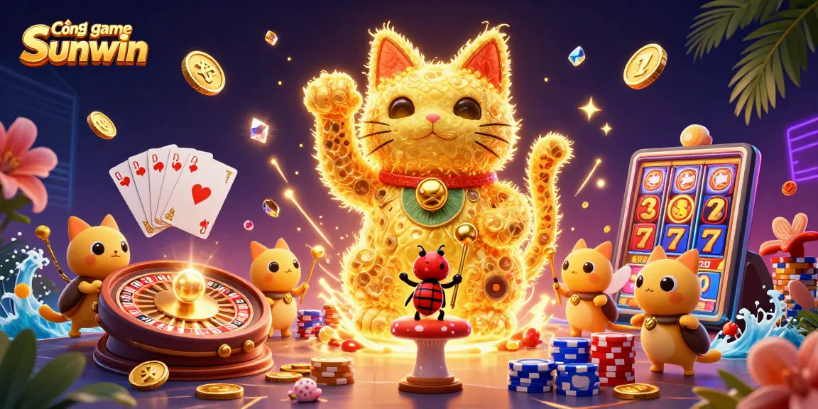 Experience thrilling gaming with Cổng game Sunwin: a vibrant 3D illustration featuring a lucky cat and casino symbols.