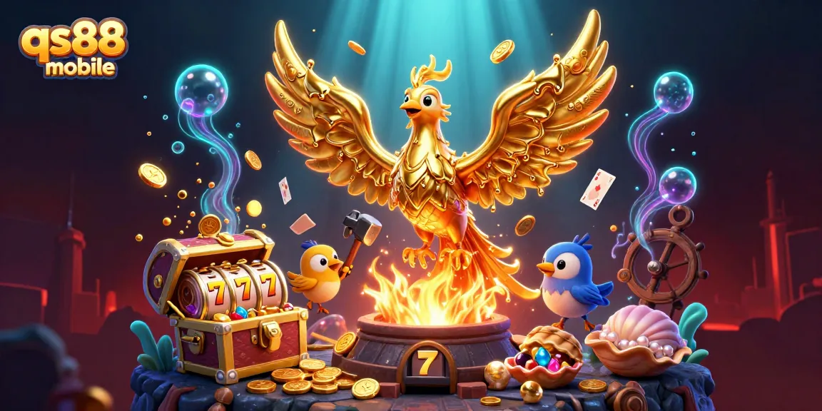 Experience exciting gameplay at qs88 mobile, featuring a golden phoenix and slot reels with dynamic elements.