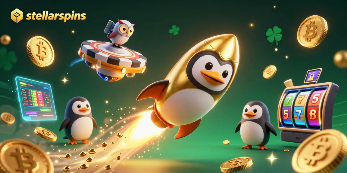 Engage in stellarspins excitement with a rocket-powered penguin amidst vibrant casino elements.