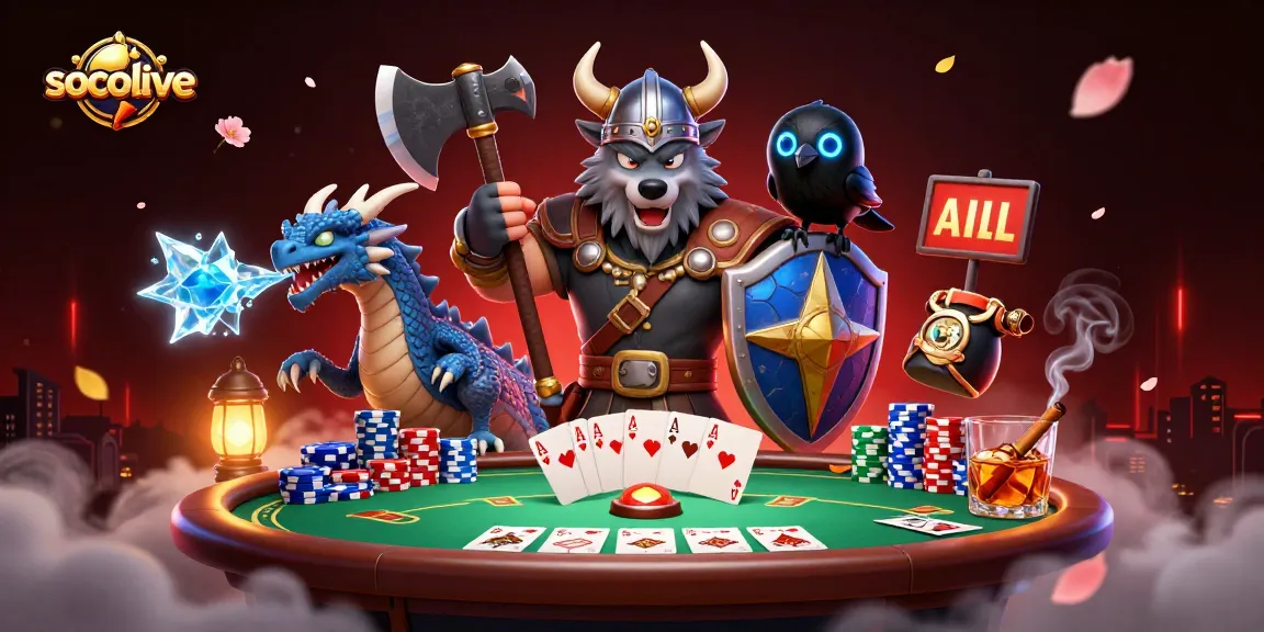 Experience thrilling poker action with socolive's Viking wolf warrior, dragon, and raven.