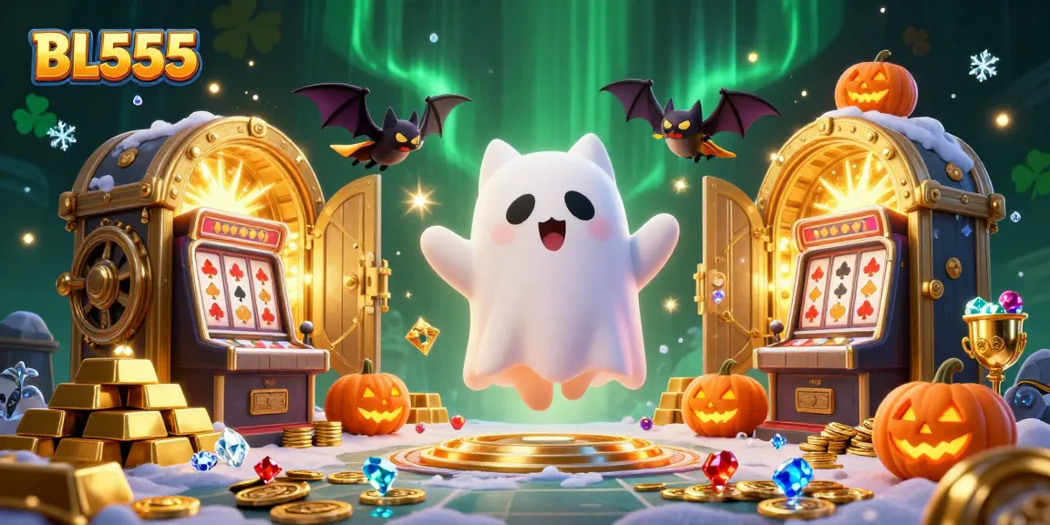 Experience the thrilling action of BL555 at a haunted casino with ghostly characters and glowing treasures.