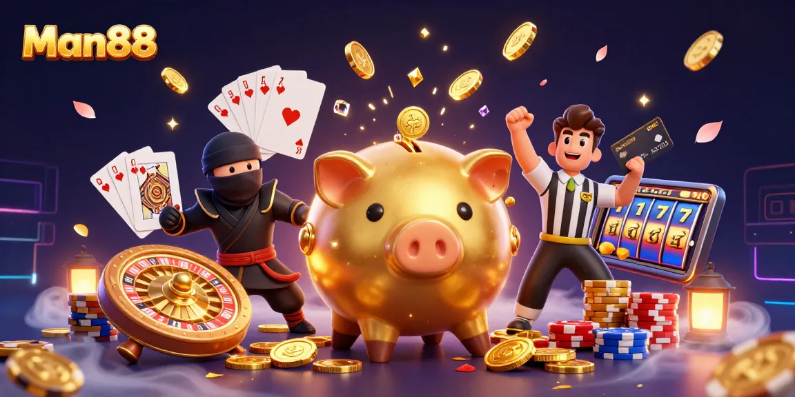 Engage with Man88’s thrilling casino world through dynamic golden elements and exciting gaming characters.