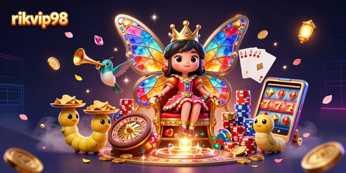 Experience exciting gameplay at rikvip98 with a captivating 3D illustration showing vibrant casino elements and characters.