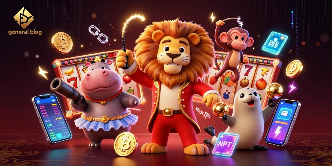 Experience excitement on the general blog with vibrant casino-themed characters amidst slot reels and crypto elements.